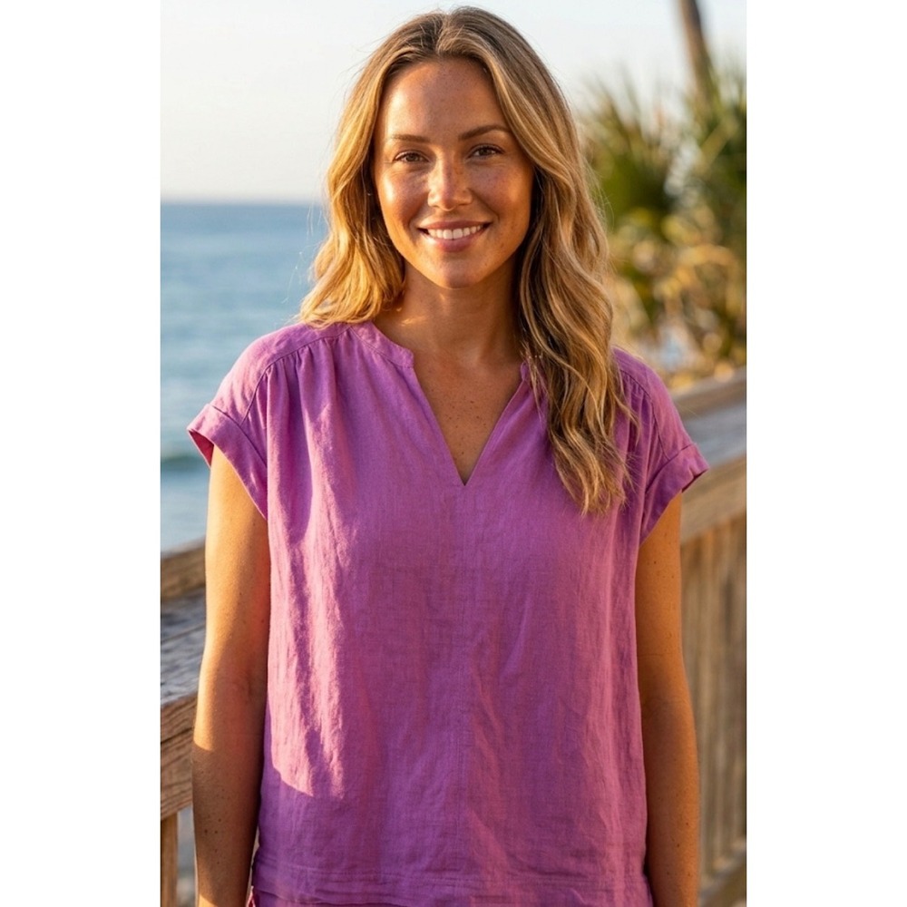 Splendid Purple Linen Blend Split Neck Cap Sleeve Blouse Top Size Large